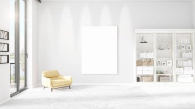 Modern iç dikey boş çerçeve, boşaltmak, yatay düzenleme güzel panoramik manzarası ile. 3D render