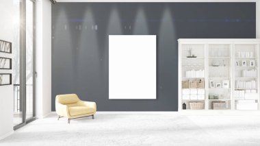 Modern iç dikey boş çerçeve, boşaltmak, yatay düzenleme güzel panoramik manzarası ile. 3D render