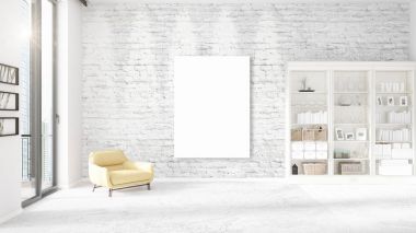 Modern iç dikey boş çerçeve, boşaltmak, yatay düzenleme güzel panoramik manzarası ile. 3D render