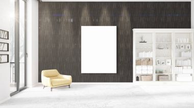 Modern iç dikey boş çerçeve, boşaltmak, yatay düzenleme güzel panoramik manzarası ile. 3D render