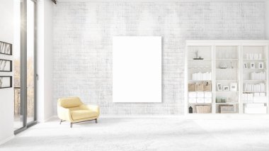 Modern iç dikey boş çerçeve, boşaltmak, yatay düzenleme güzel panoramik manzarası ile. 3D render