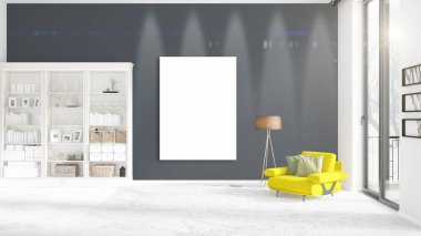 Sarı RECLINER ve boş çerçeve ve boşaltmak dikey düzenleme ile şık modern iç. 3D render.