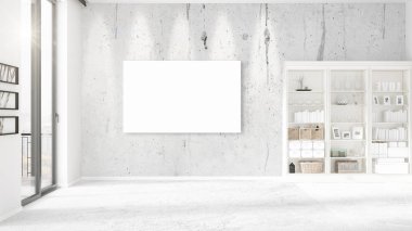 Şık modern boş temiz oda içi boş çerçeve ve yatay düzenleme boşaltmak. 3D render.