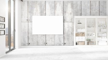 Şık modern boş temiz oda içi boş çerçeve ve yatay düzenleme boşaltmak. 3D render.