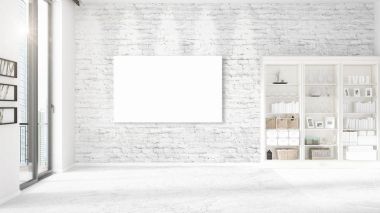 Şık modern boş temiz oda içi boş çerçeve ve yatay düzenleme boşaltmak. 3D render.