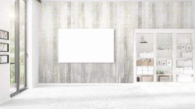 Şık modern boş temiz oda içi boş çerçeve ve yatay düzenleme boşaltmak. 3D render.