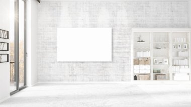 Şık modern boş temiz oda içi boş çerçeve ve yatay düzenleme boşaltmak. 3D render.