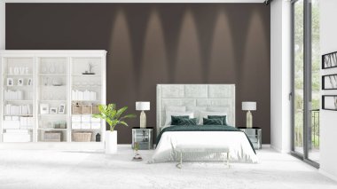 Modaya uygun ve modern yatak beyaz raf ile yeni iç ile sahne. 3D render. Yatay düzenleme.