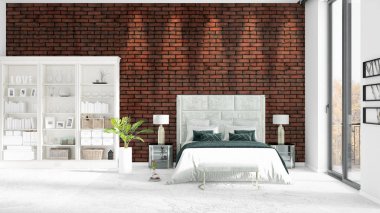 Modaya uygun ve modern yatak beyaz raf ile yeni iç ile sahne. 3D render. Yatay düzenleme.