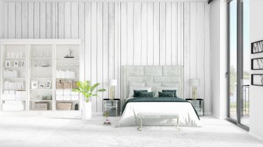 Modaya uygun ve modern yatak beyaz raf ile yeni iç ile sahne. 3D render. Yatay düzenleme.