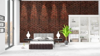 Modaya uygun ve modern yatak beyaz raf ile yeni iç ile sahne. 3D render. Yatay düzenleme.