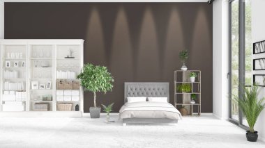 Modaya uygun ve modern yatak beyaz raf ile yeni iç ile sahne. 3D render. Yatay düzenleme.