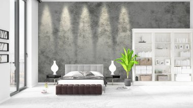 Modaya uygun ve modern yatak beyaz raf ile yeni iç ile sahne. 3D render. Yatay düzenleme.