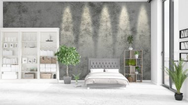 Modaya uygun ve modern yatak beyaz raf ile yeni iç ile sahne. 3D render. Yatay düzenleme.