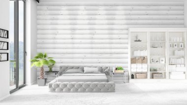 Modaya uygun ve modern yatak beyaz raf ile yeni iç ile sahne. 3D render. Yatay düzenleme.