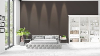 Modaya uygun ve modern yatak beyaz raf ile yeni iç ile sahne. 3D render. Yatay düzenleme.