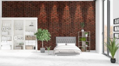 Modaya uygun ve modern yatak beyaz raf ile yeni iç ile sahne. 3D render. Yatay düzenleme.