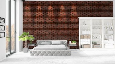 Modaya uygun ve modern yatak beyaz raf ile yeni iç ile sahne. 3D render. Yatay düzenleme.