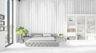 Modaya uygun ve modern yatak beyaz raf ile yeni iç ile sahne. 3D render. Yatay düzenleme.