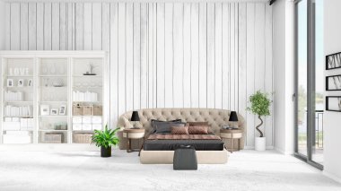 Modaya uygun ve modern yatak beyaz raf ile yeni iç ile sahne. 3D render. Yatay düzenleme.