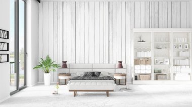 Modaya uygun ve modern yatak beyaz raf ile yeni iç ile sahne. 3D render. Yatay düzenleme.