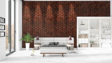 Modaya uygun ve modern yatak beyaz raf ile yeni iç ile sahne. 3D render. Yatay düzenleme.