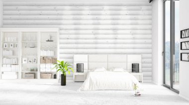 Modaya uygun ve modern yatak beyaz raf ile yeni iç ile sahne. 3D render. Yatay düzenleme.