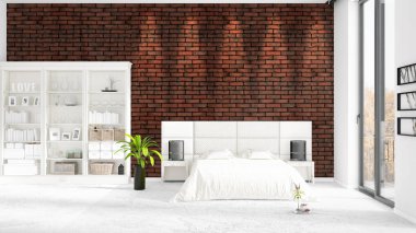 Modaya uygun ve modern yatak beyaz raf ile yeni iç ile sahne. 3D render. Yatay düzenleme.