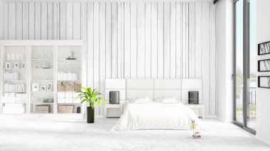 Modaya uygun ve modern yatak beyaz raf ile yeni iç ile sahne. 3D render. Yatay düzenleme.