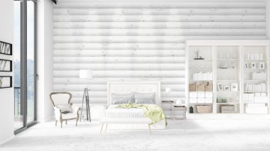 Modaya uygun ve modern yatak beyaz raf ile yeni iç ile sahne. 3D render. Yatay düzenleme.