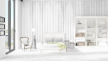 Modaya uygun ve modern yatak beyaz raf ile yeni iç ile sahne. 3D render. Yatay düzenleme.