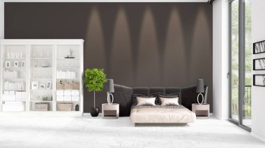 Modaya uygun ve modern yatak beyaz raf ile yeni iç ile sahne. 3D render. Yatay düzenleme.