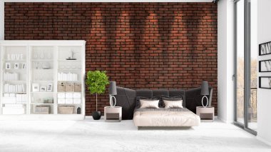 Modaya uygun ve modern yatak beyaz raf ile yeni iç ile sahne. 3D render. Yatay düzenleme.