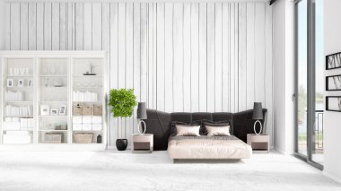 Modaya uygun ve modern yatak beyaz raf ile yeni iç ile sahne. 3D render. Yatay düzenleme.