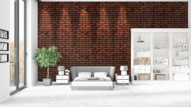 Modaya uygun ve modern yatak beyaz raf ile yeni iç ile sahne. 3D render. Yatay düzenleme.