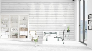 Modaya uygun ve modern yatak beyaz raf ile yeni iç ile sahne. 3D render. Yatay düzenleme.