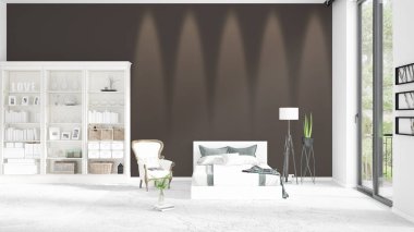 Modaya uygun ve modern yatak beyaz raf ile yeni iç ile sahne. 3D render. Yatay düzenleme.