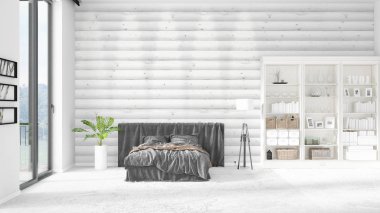 Modaya uygun ve modern yatak beyaz raf ile yeni iç ile sahne. 3D render. Yatay düzenleme.