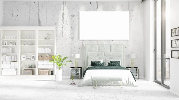 Fashionable modern loft interior with empty frame and copyspace in horizontal arrangement. 3D rendering. — Stock Photo, Image