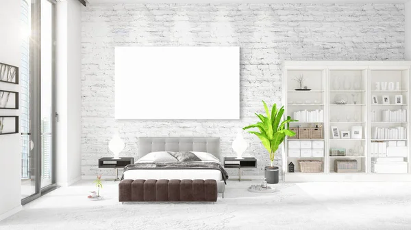 Şık modern loft iç boş çerçeve ve boşaltmak yatay düzenleme ile. 3D render.