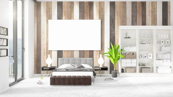 Moderno loft interno alla moda con cornice vuota e copyspace in disposizione orizzontale. Rendering 3D . — Foto Stock