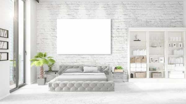 Fashionable modern loft interior with empty frame and copyspace in horizontal arrangement. 3D rendering. — Stock Photo, Image