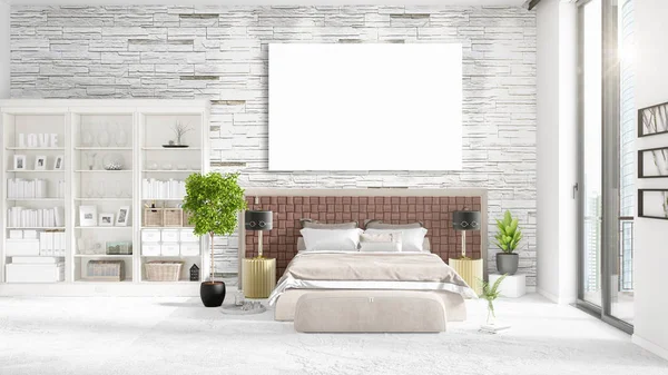 Modischen modernen Loft-Interieur mit leerem Rahmen und Kopierraum in horizontaler Anordnung. 3D-Darstellung. — Stockfoto