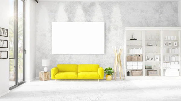 Modischen modernen Loft-Interieur mit leerem Rahmen und Kopierraum in horizontaler Anordnung. 3D-Darstellung. — Stockfoto