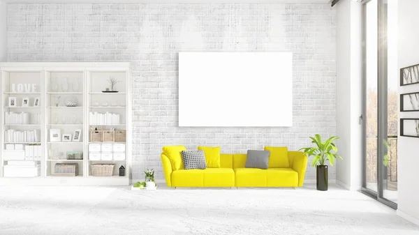 Modischen modernen Loft-Interieur mit leerem Rahmen und Kopierraum in horizontaler Anordnung. 3D-Darstellung. — Stockfoto