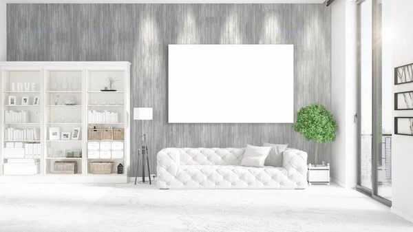 Vista panoramica in interni con divano in pelle bianca, cornice vuota e copyspace in disposizione orizzontale. Rendering 3D . — Foto Stock