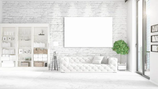 Панорамний вид в інтер'єрі з білим шкіряним диваном, порожньою рамкою і копійкою в горизонтальному розташуванні. 3D візуалізація . — стокове фото