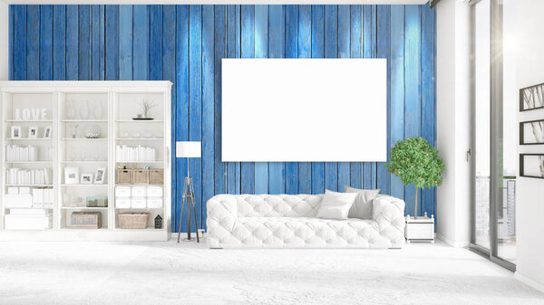 Panoramic view in interior in vogue with white leather couch, empty frame and copyspace in horizontal arrangement. 3D rendering.