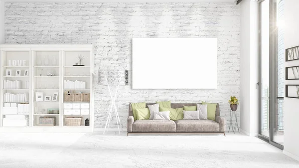 Moderno loft interno alla moda con cornice vuota e copyspace in disposizione orizzontale. Rendering 3D . — Foto Stock