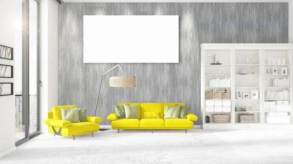 Modernes Interieur im Trend mit gelber Couch, vertikalem Leerrahmen und Kopierraum in horizontaler Anordnung. 3D-Darstellung. — Stockfoto